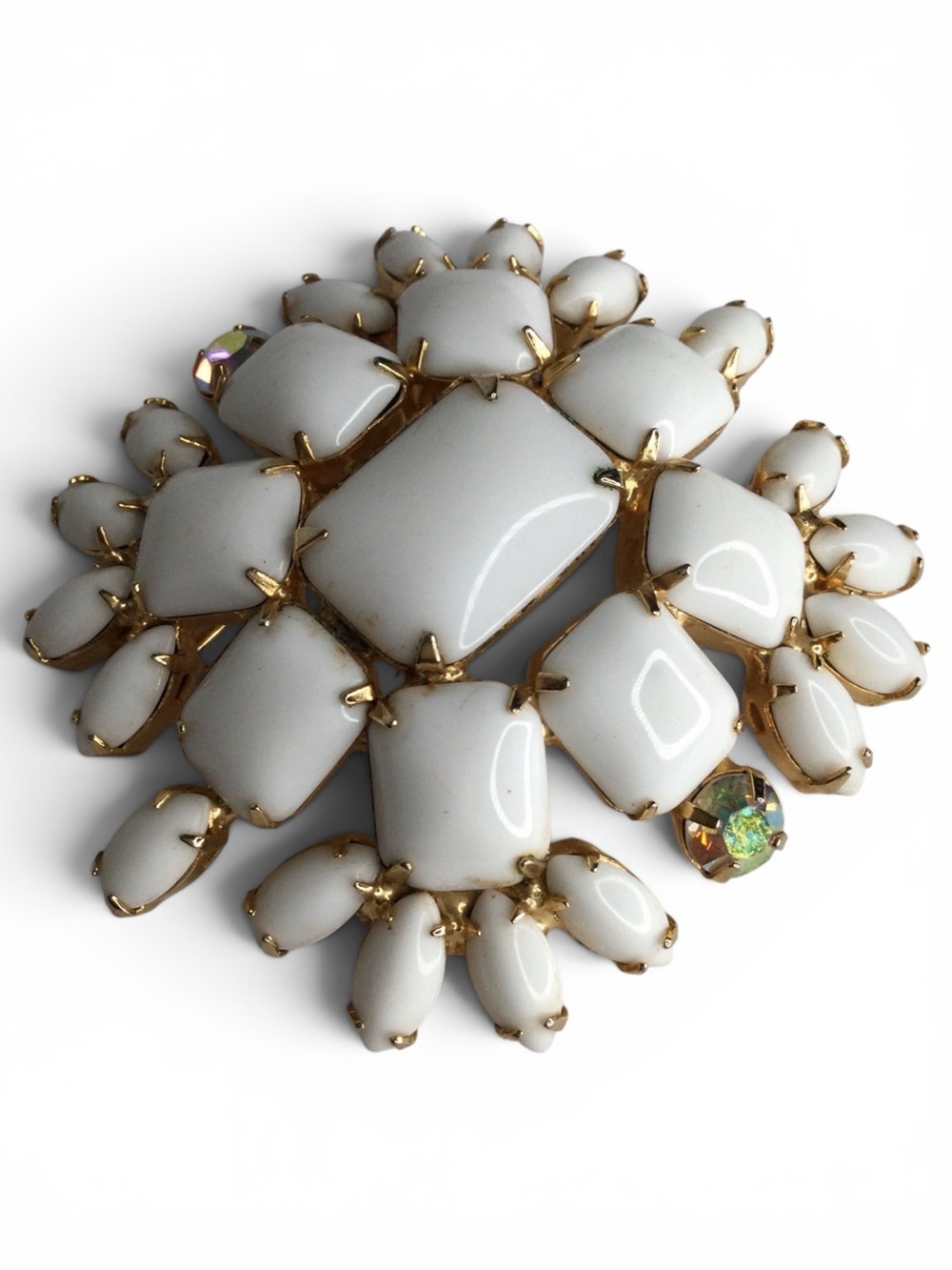 Vintage Gold-Tone Milk Glass Cabochon Floral Brooch with AB Accents - Picture 10 of 14